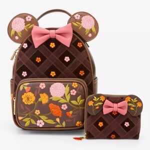 Disney Minnie Mouse Velvet Floral Interchangeable Ears Backpack & Wallet NEW